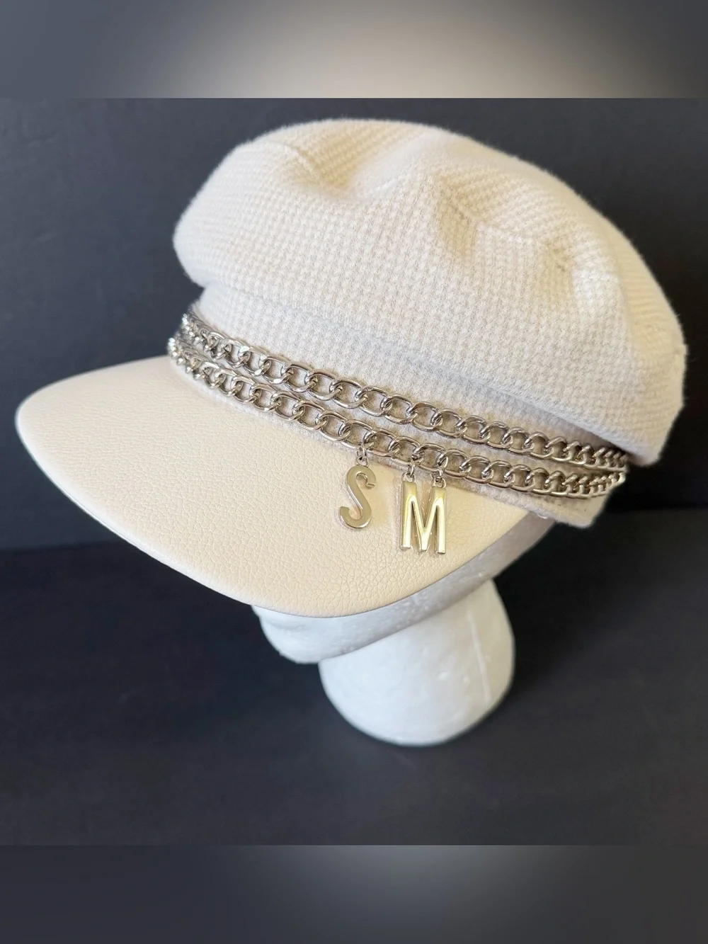 Steve Madden Vintage Y2K Houndstooth Tan Cream Newsboy Cap Hat Chain Biker